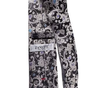 Zanetti Mens Silk Tie Charcoal Grey Silver Floral Paisley Jacquard Made in Italy